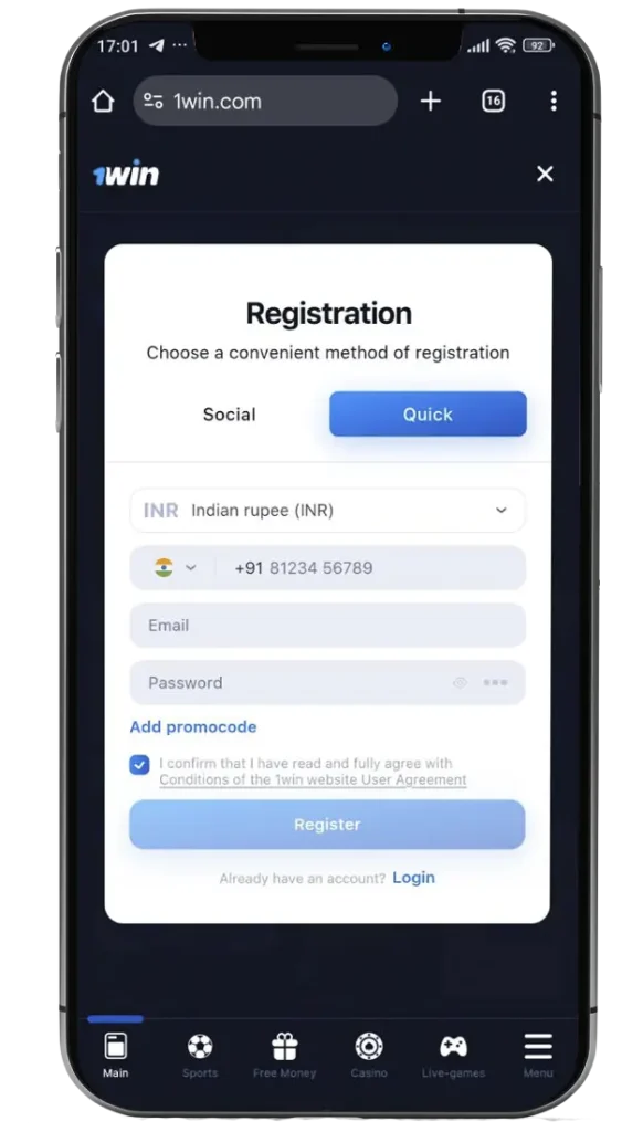 Register an account at 1Win